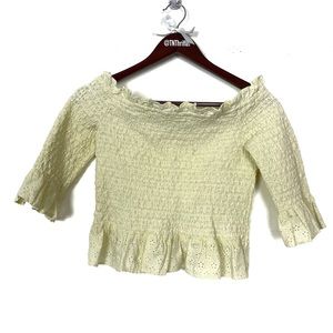 American Eagle Women’s Size Medium Off Shoulder Smocked Eyelet Crop Top Beige